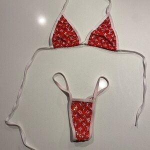 Branded Red and White Rhinestone Exotic Bikini Set